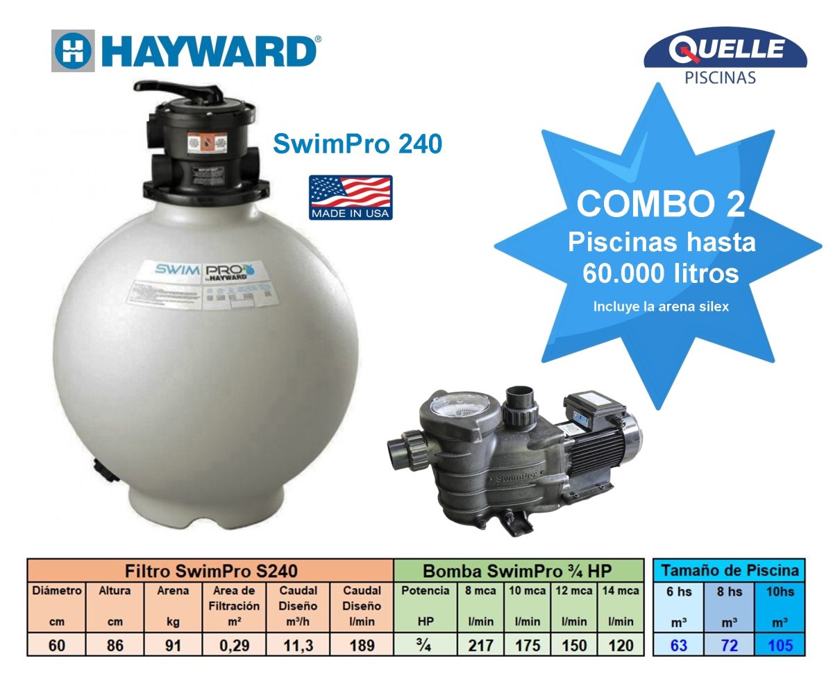 Combo 2: HAYWARD SwimPro VL240 + ¾ HP - Sistema de Filtración para Piscinas de hasta 60.000 litros