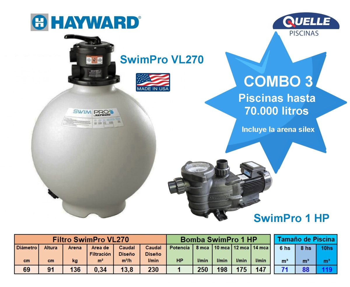 Combo 3: HAYWARD SwimPro VL270 + 1 HP - Sistema de Filtración para Piscinas de hasta 70.000 litros