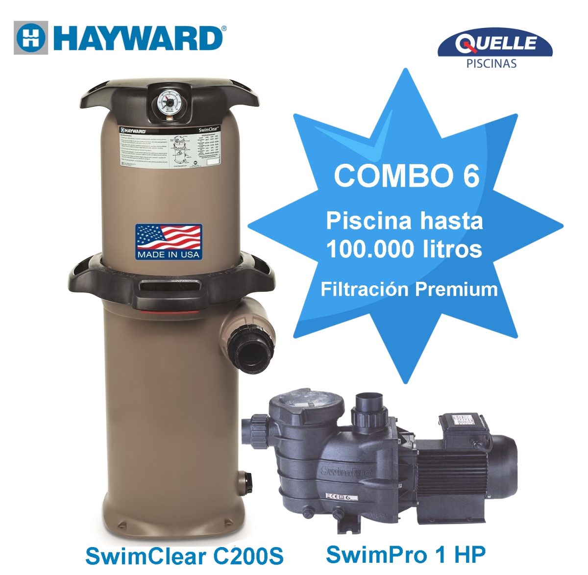 Combo 6: HAYWARD SwimClear C200S + 1 HP - Sistema de Filtración para Piscinas de hasta 100.000 litros