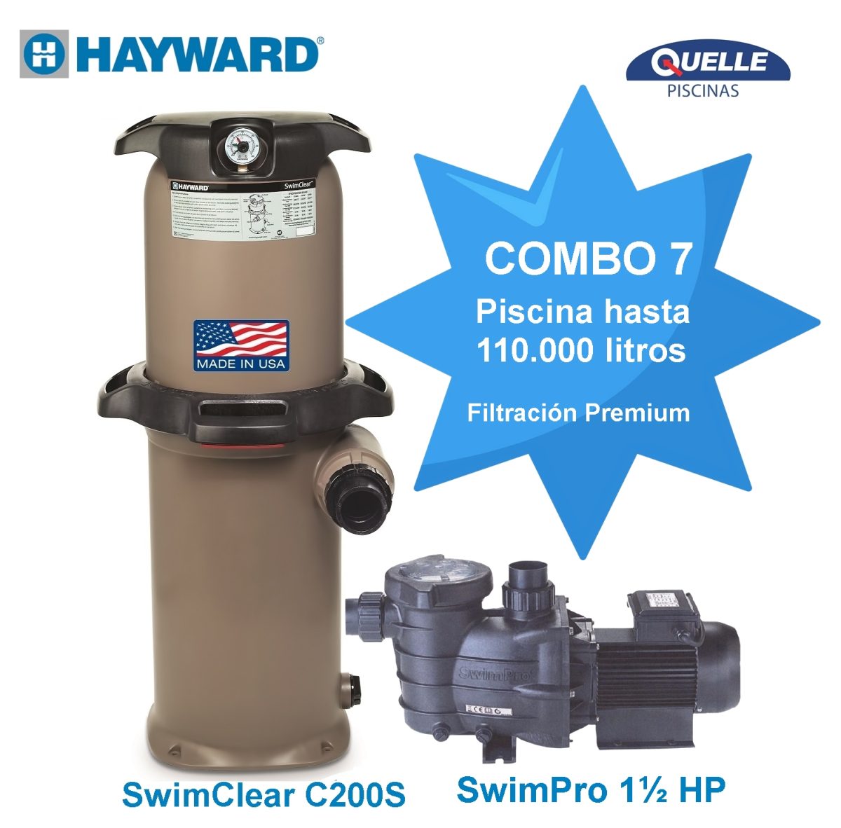 Combo 7: HAYWARD SwimClear C200S + 1½ HP - Sistema de Filtración para Piscinas de hasta 110.000 litros