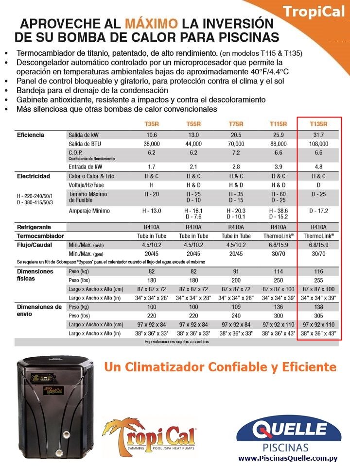 AQUACAL TropiCal T135 Bomba de Calor para Piscinas – 31,7 kW (108.000 BTU)