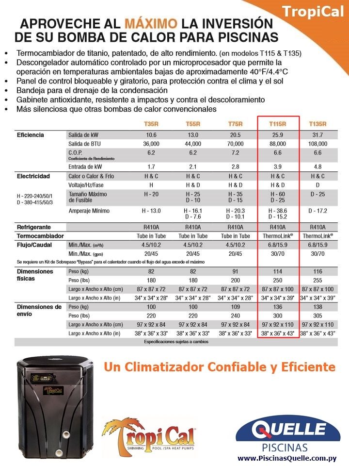 AQUACAL TropiCal T115 Bomba de Calor para Piscinas de 25,9 kW (88.000 BTU)